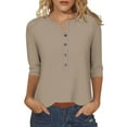 thumbnail image 1 of IROINNID Women Printed Round Neck Casual 3/4 Sleeve Shirt Summer Trendy Blouse Cute Tops Comfortable Loose Fit Fashion T Shirt Clothes(Khaki#1,3XL), 1 of 6