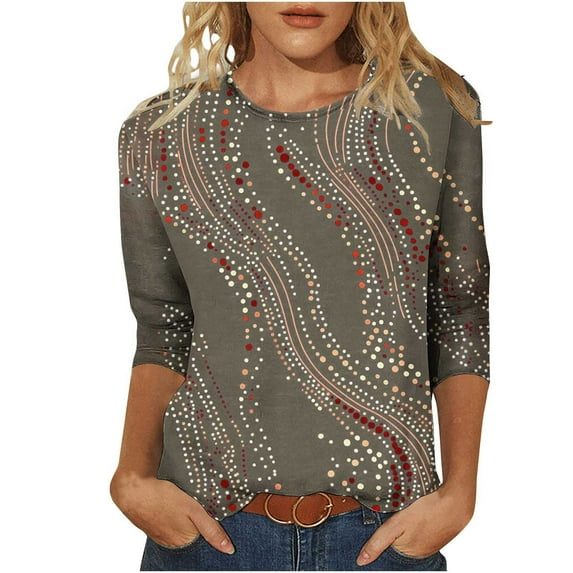 IROINNID Women Printed Round Neck Casual 3/4 Sleeve Shirt Summer Trendy Blouse Cute Tops Comfortable Loose Fit Fashion T Shirt Clothes(Khaki#4,S)