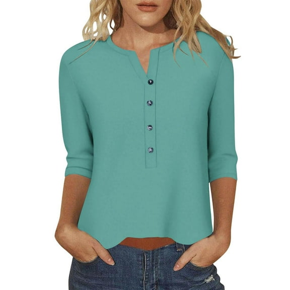 IROINNID Women Printed Round Neck Casual 3/4 Sleeve Shirt Summer Trendy Blouse Cute Tops Comfortable Loose Fit Fashion T Shirt Clothes(Mint Green#2,S)