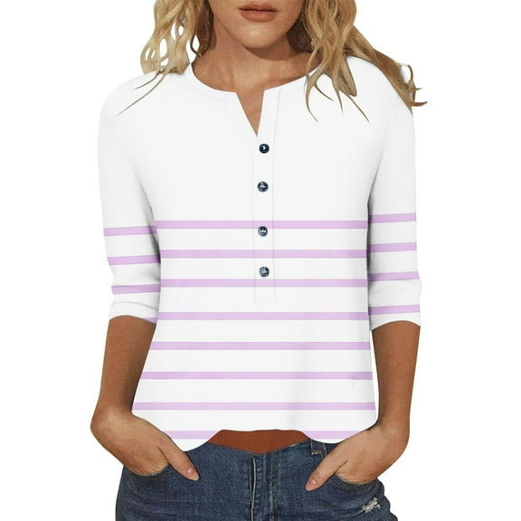 IROINNID Women Printed Round Neck Casual 3/4 Sleeve Shirt Summer Trendy Blouse Cute Tops Comfortable Loose Fit Fashion T Shirt Clothes(Pink,L)