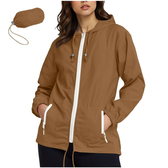 IROINNID Women Rainproof Jacket Waterproof Lightweight Zipper Hooded Long Sleeve Coat with Pockets and Storage Bag for Outdoor Hiking Travel Cycling(Brown,L)