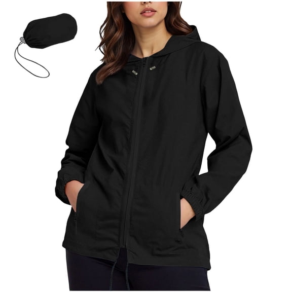 IROINNID Women Rainproof Jacket Waterproof Lightweight Zippered Hooded Coat Long Sleeve Outerwear with Pockets and Storage Bag Casual Pullover for Fall Winter Spring(Black#1,3XL)