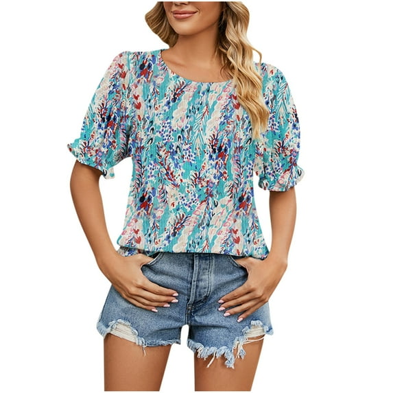 IROINNID Women Round- Neck Floral Print Pleated Short Sleeve Comfy Blouse Spring