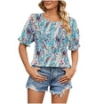 thumbnail image 1 of IROINNID Women Round- Neck Floral Print Pleated Short Sleeve Comfy Blouse, 1 of 5