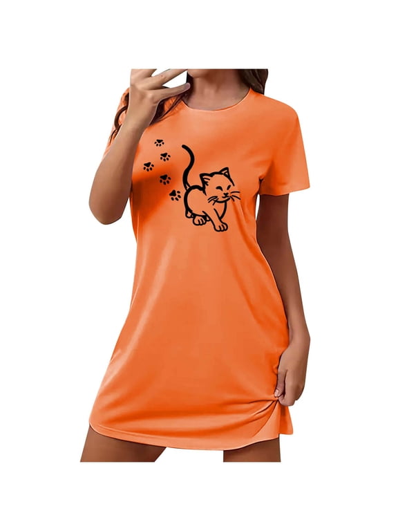 Women'S Pajama Dress Soft One Piece Short Sleeve Round Neck, Home and Lightweight Printed Pajama for Women