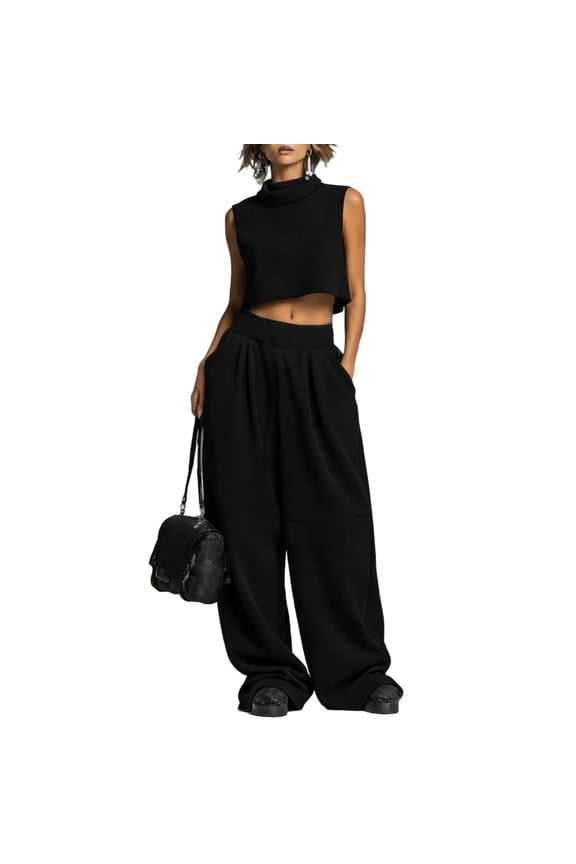 Women Solid Color 2 Piece Tracksuits,Sleeveless Cropped Mock Neck Top,Loose High Waisted Wide Leg Pants with Pockets,Casual Street Homewear for Workout