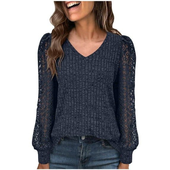 IROINNID Women Solid Color Blouses Long Sleeve V Neck Pullover Fashionable Top Lace Patchwork Blouse Comfortable Casual Wear Soft Stretch Fits Trendy Elegant Style(Navy,2XL)