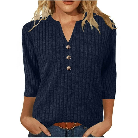 IROINNID Women Solid Color Casual Button Down Round Neck Three Quarter Sleeve Tshirt Loose Fit Comfortable Soft Breathable Everyday Basic Tee(Blue#3,XL)
