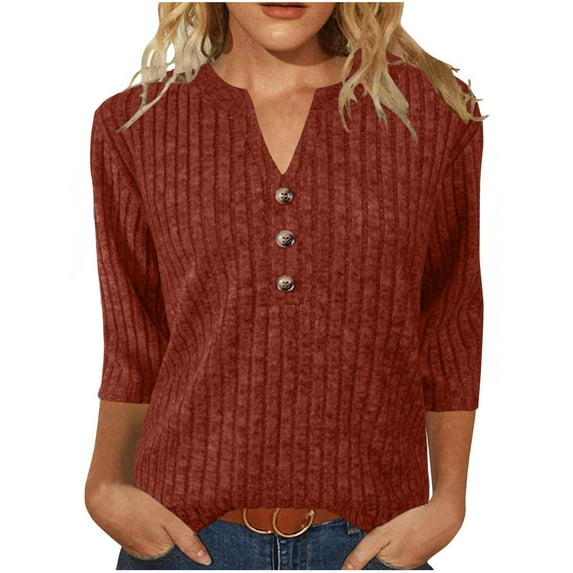 IROINNID Women Solid Color Casual Button Down Round Neck Three Quarter Sleeve Tshirt Loose Fit Comfortable Soft Breathable Everyday Basic Tee(Orange#3,2XL)
