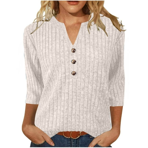 IROINNID Women Solid Color Casual Button Down Round Neck Three Quarter Sleeve Tshirt Loose Fit Comfortable Soft Breathable Everyday Basic Tee(White#3,S)