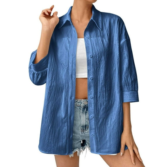 IROINNID Women Solid Color Hooded Pocket Hoodie Top Long Sleeve Casual Button Up Shirt for Outdoor Beach Party Daily Wear Winter Spring(Blue,L)