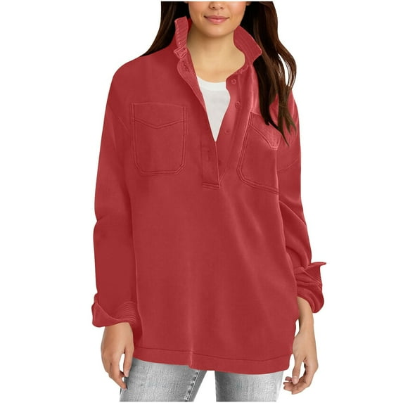 IROINNID Women Solid Color Long Sleeve Button Down Shirt Casual Loose Fit Blouse Top Womens Fashion Basic Comfortable Button Up Shirt Female Elegant Stylish Tunic Shirt(Red,M)