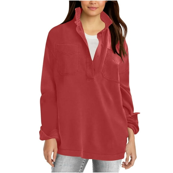 IROINNID Women Solid Color Long Sleeve Button Down Shirt Casual Loose Fit Blouse Top Womens Fashion Basic Comfortable Button Up Shirt Female Elegant Stylish Tunic Shirt(Red,S)