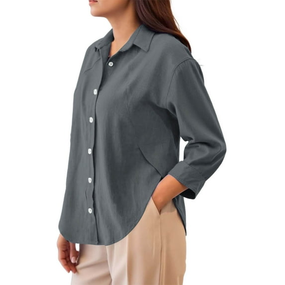 IROINNID Women Solid Color Long Sleeve Button Down Shirt Casual Loose Fit Blouse Top Womens Fashion Basic Comfortable Button Up Shirt Female Elegant Stylish Tunic Shirt(Gray#1,S)