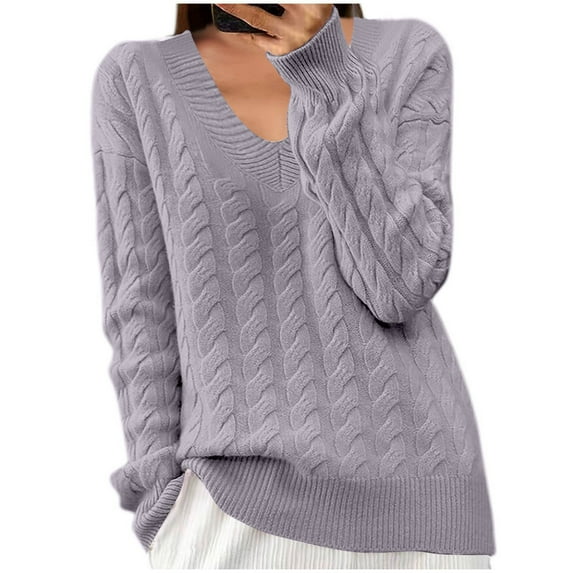IROINNID Women Solid Color V Neck Knitted Sweater Long Sleeve Pullover Knitwear Casual Blouse Winter Warm Soft Comfortable Tops for Daily Wear(Purple#2,L)