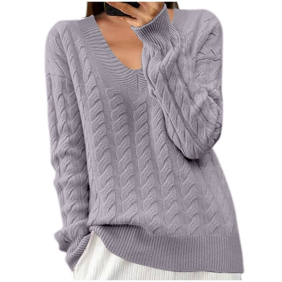 IROINNID Women Solid Color V Neck Knitted Sweater Long Sleeve Pullover Knitwear Casual Blouse Winter Warm Soft Comfortable Tops for Daily Wear(Purple#2,M)
