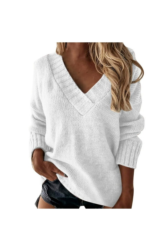 Women Solid Color V Neck Knitted Sweater Long Sleeve Pullover Knitwear Casual Blouse Winter Warm Soft Comfortable Tops for Daily Wear(White#3,XL)