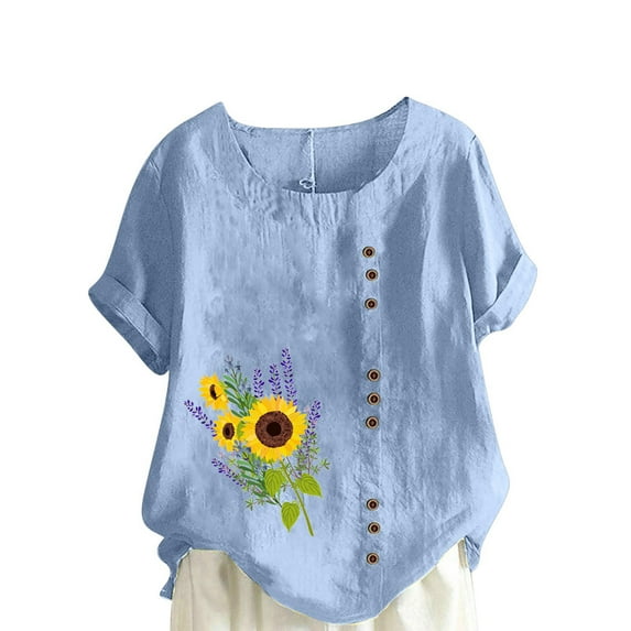 IROINNID Women Summer Casual Print Regular Button Round Neck Comfy Short Sleeve Women Loose Short Sleeves Top Under 10$