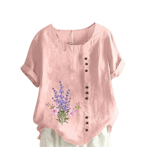 IROINNID Women Summer Graphic Print Versatile Regular Button Round Neck Comfy Short Sleeve Women Short Sleeves Top