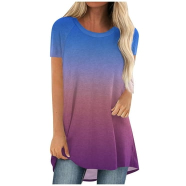 IROINNID Women Summer Loose Gradient Round-Neck Print T-Shirt Short Sleeve Casual Blouse Spring Saving Sale