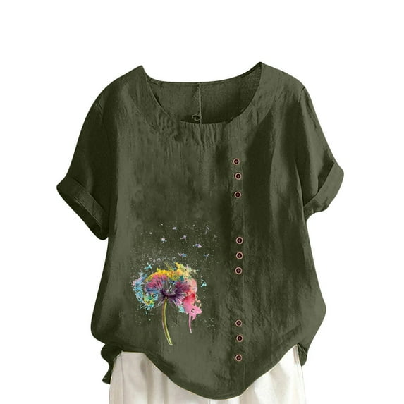 IROINNID Women Summer Minimalist Print Regular Blouse Button Round Neck Short Sleeve Women Short Sleeves Top Under 10$