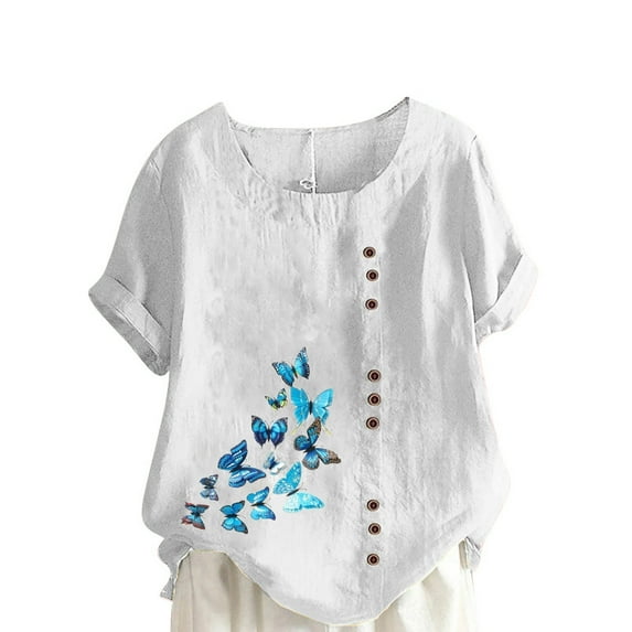 IROINNID Women Summer Print Regular Button Fashion Round Neck Versatile Short Sleeve Women Short Sleeves Top Under 10$