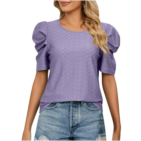 IROINNID Women Trendy Comfy Solid Color Round Neck Puff Short Sleeve T-shirt Blouse Loose Tops Under 10$