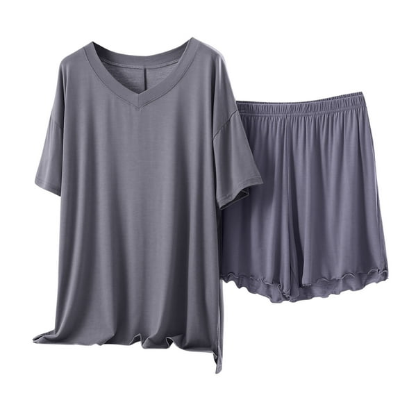 IROINNID Women V Neck Loose Solid Color T Shirt with Shorts Casual Two Piece Pajama Set Soft Home Wear Sleepwear Home Outfit for Spring Summer(Gray#1,XL)