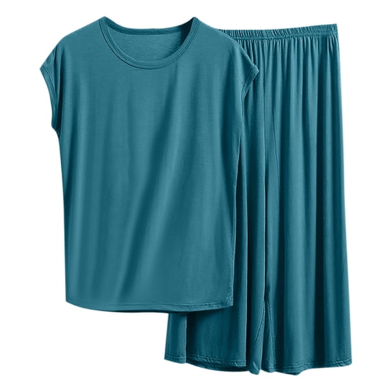 IROINNID Women V Neck Loose Solid Color T Shirt with Shorts Casual Two Piece Pajama Set Soft Home Wear Sleepwear Home Outfit for Spring Summer(Green#5,XL)