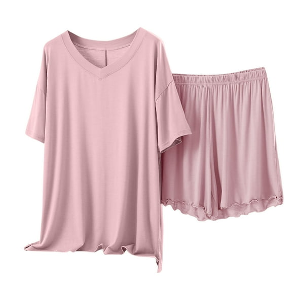 IROINNID Women V Neck Loose Solid Color T Shirt with Shorts Casual Two Piece Pajama Set Soft Home Wear Sleepwear Home Outfit for Spring Summer(Pink#1,XL)