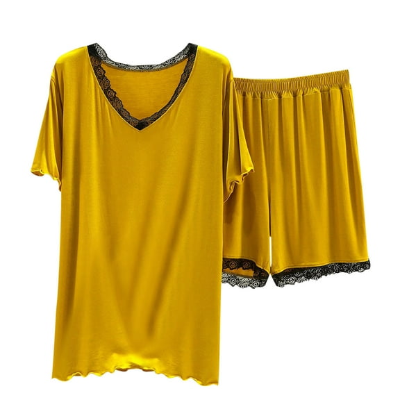 IROINNID Women V Neck Loose Solid Color T Shirt with Shorts Casual Two Piece Pajama Set Soft Home Wear Sleepwear Home Outfit for Spring Summer(Yellow,M)
