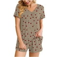 thumbnail image 1 of IROINNID Women V Neck Short Sleeve Two Piece Pajama Set Home Sleepwear Soft Home Pants with Pockets Casual Summer Nightwear Stretchy Printed Sleep Shorts for Women's(Khaki#3,M), 1 of 2
