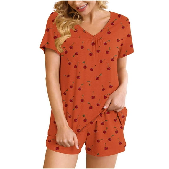 IROINNID Women V Neck Short Sleeve Two Piece Pajama Set Home Sleepwear Soft Home Pants with Pockets Casual Summer Nightwear Stretchy Printed Sleep Shorts for Women's(Orange#3,L)