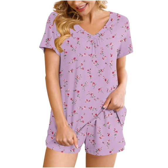 IROINNID Women V Neck Short Sleeve Two Piece Pajama Set Home Sleepwear Soft Home Pants with Pockets Casual Summer Nightwear Stretchy Printed Sleep Shorts for Women's(Pink,M)