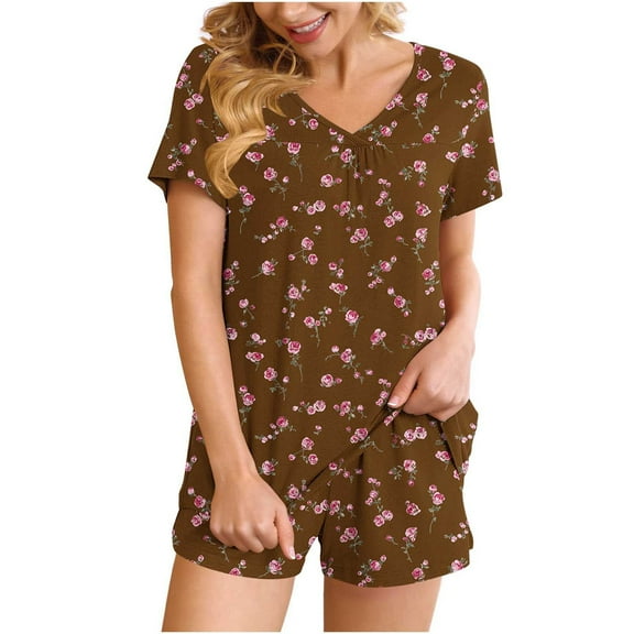 IROINNID Women V Neck Short Sleeve Two Piece Pajama Set Home Sleepwear Soft Home Pants with Pockets Casual Summer Nightwear Stretchy Printed Sleep Shorts for Women's(Brown,L)