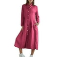 thumbnail image 1 of IROINNID Women Vintage Cotton Linen Long Irregular Hem Dress Shirt Collar Button Down Casual Boho Loose Fit Maxi Dress with Pockets Comfortable Fall Dress(Z01#Hot Pink,3XL), 1 of 9