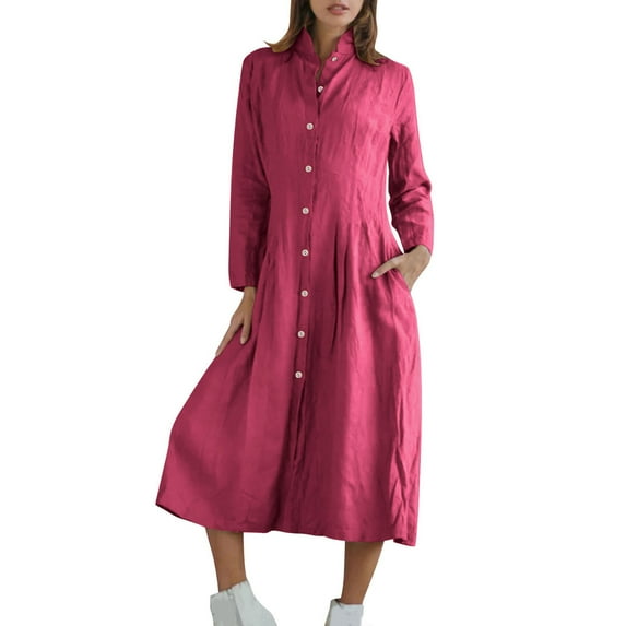 IROINNID Women Vintage Cotton Linen Long Irregular Hem Dress Shirt Collar Button Down Casual Boho Loose Fit Maxi Dress with Pockets Comfortable Fall Dress(Z01#Hot Pink,3XL)