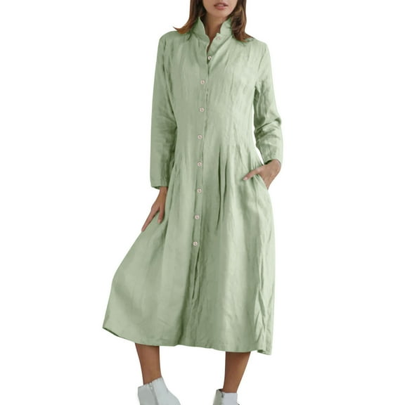 IROINNID Women Vintage Cotton Linen Long Irregular Hem Dress Shirt Collar Button Down Casual Boho Loose Fit Maxi Dress with Pockets Comfortable Fall Dress(Z01#Green,M)