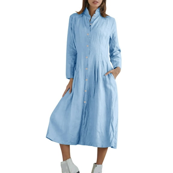 IROINNID Women Vintage Cotton Linen Long Irregular Hem Dress Shirt Collar Button Down Casual Boho Loose Fit Maxi Dress with Pockets Comfortable Fall Dress(Z01#Blue,S)