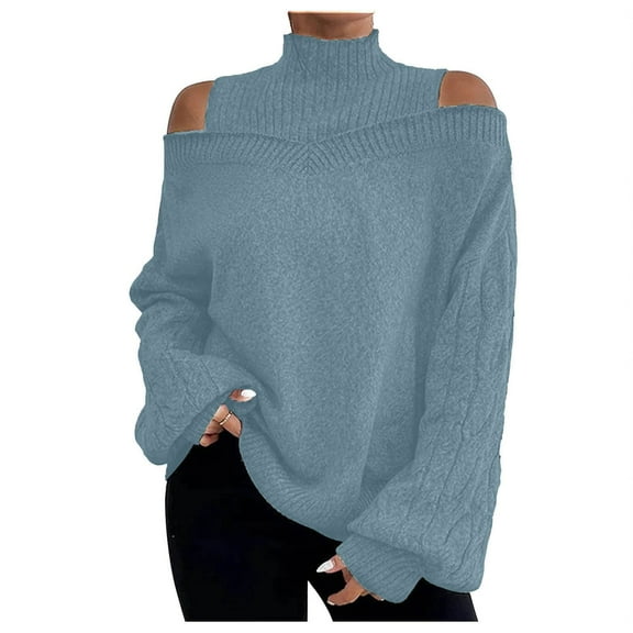 IROINNID Women Winter Autumn Sweater Cold Shoulder Solid Turtleneck Loose Fit Sweater Casual Knitted Tops,Mint Green
