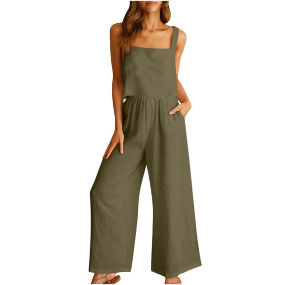 IROINNID Women's 2-piece Sets Square Neck Linen Sleeveless Strap Top Vest With Wide Leg Oversize Elastic Waist Long Pants Suit