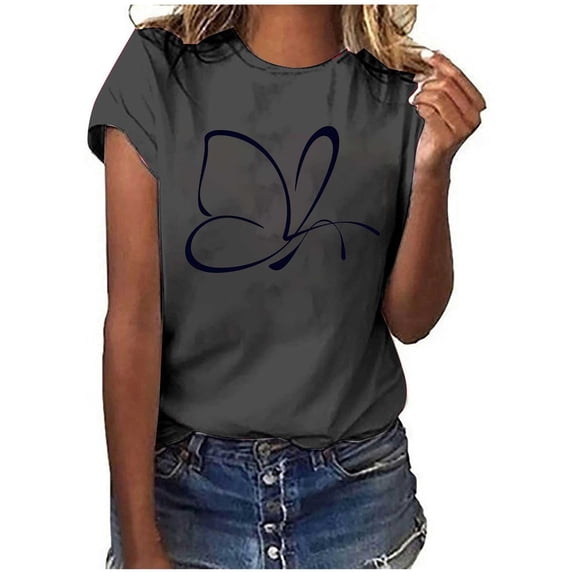 IROINNID Women's 2023 Summer Comfy Round Neck Leisure Short Sleeve Butterfly Printing Tops Spring Saving