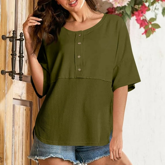 IROINNID Women's 3/4 Sleeve Casual Knit Tops with Patchwork Buttons Fashion Basic Soft Tee,Breathable Work and Vacation Wear(Army Green,)