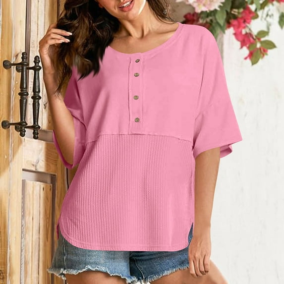 IROINNID Women's 3/4 Sleeve Casual Knit Tops with Patchwork Buttons Fashion Basic Soft Tee,Breathable Work and Vacation Wear(Pink,)