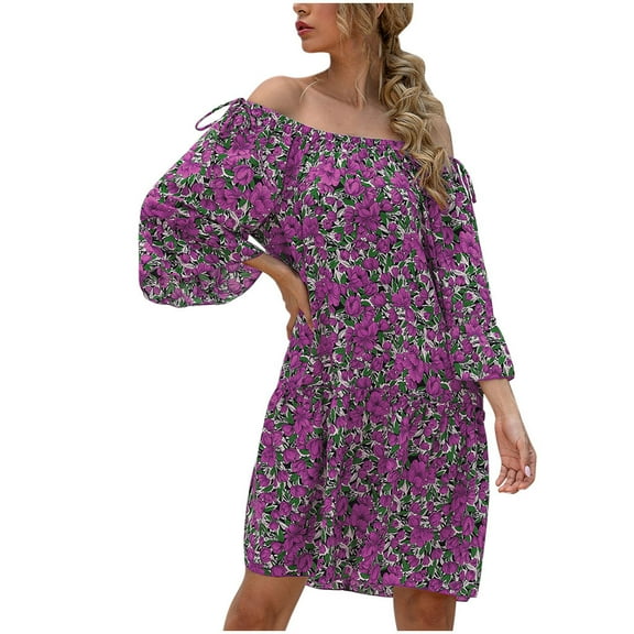 IROINNID Women's 3/4 Sleeve Empire Dress Off-the-Shoulder One-shoulder Dress Strapless Print Dress