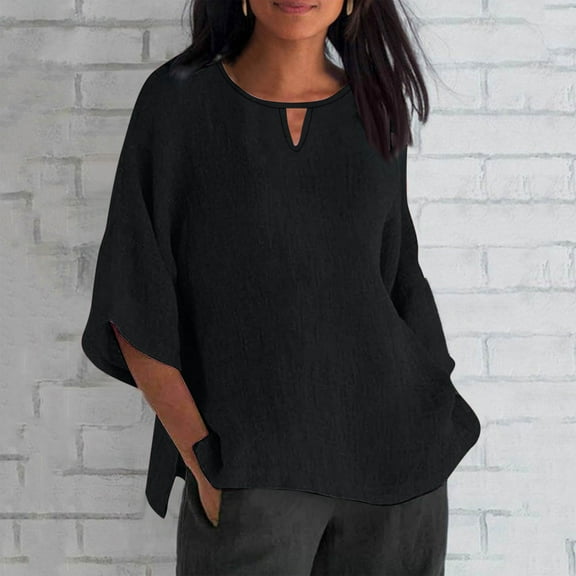 IROINNID Women's 3/4 Sleeve Imitation Linen Shirt Summer Casual Blouse Round Neck Lightweight Loose Fits Tunic Tops(Black,)