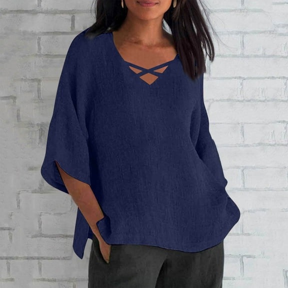 IROINNID Women's 3/4 Sleeve Imitation Linen Shirt Summer Casual Blouse Round Neck Lightweight Loose Fits Tunic Tops(Blue#1,)