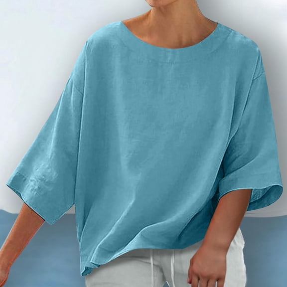 IROINNID Women's 3/4 Sleeve Round Neck Blouse Summer Fashion Solid Color Breathable Office Dressy Tops(Blue,)