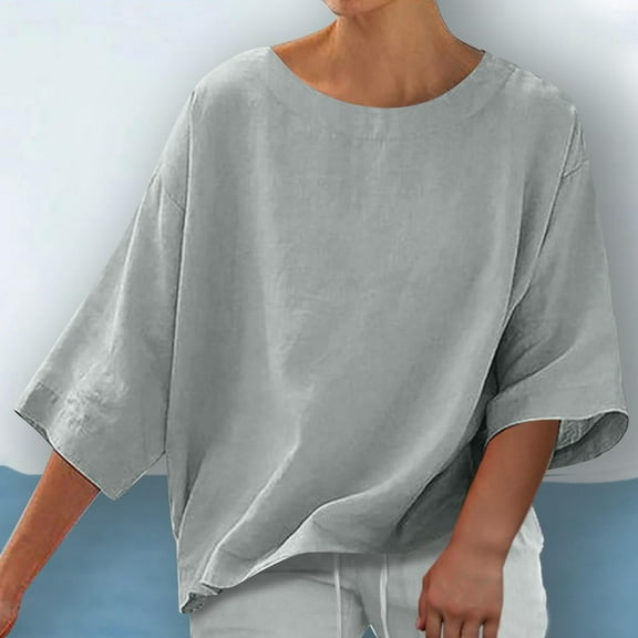 IROINNID Women's 3/4 Sleeve Round Neck Blouse Summer Fashion Solid Color Breathable Office Dressy Tops(Gray,)