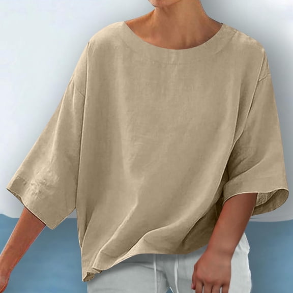 IROINNID Women's 3/4 Sleeve Round Neck Blouse Summer Fashion Solid Color Breathable Office Dressy Tops(Khaki,)